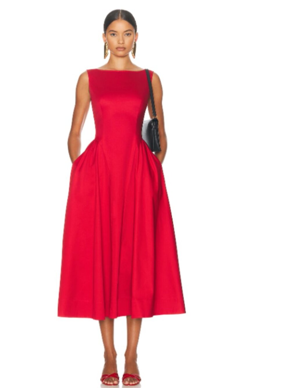 Helsa Stretch Cotton Sateen Midi Dress - Red